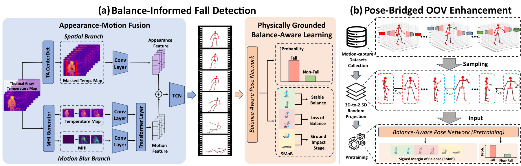 TaFall model: appearance and motion paths estimate a pose, then a balance head predicts the signed margin of balance and the fall.